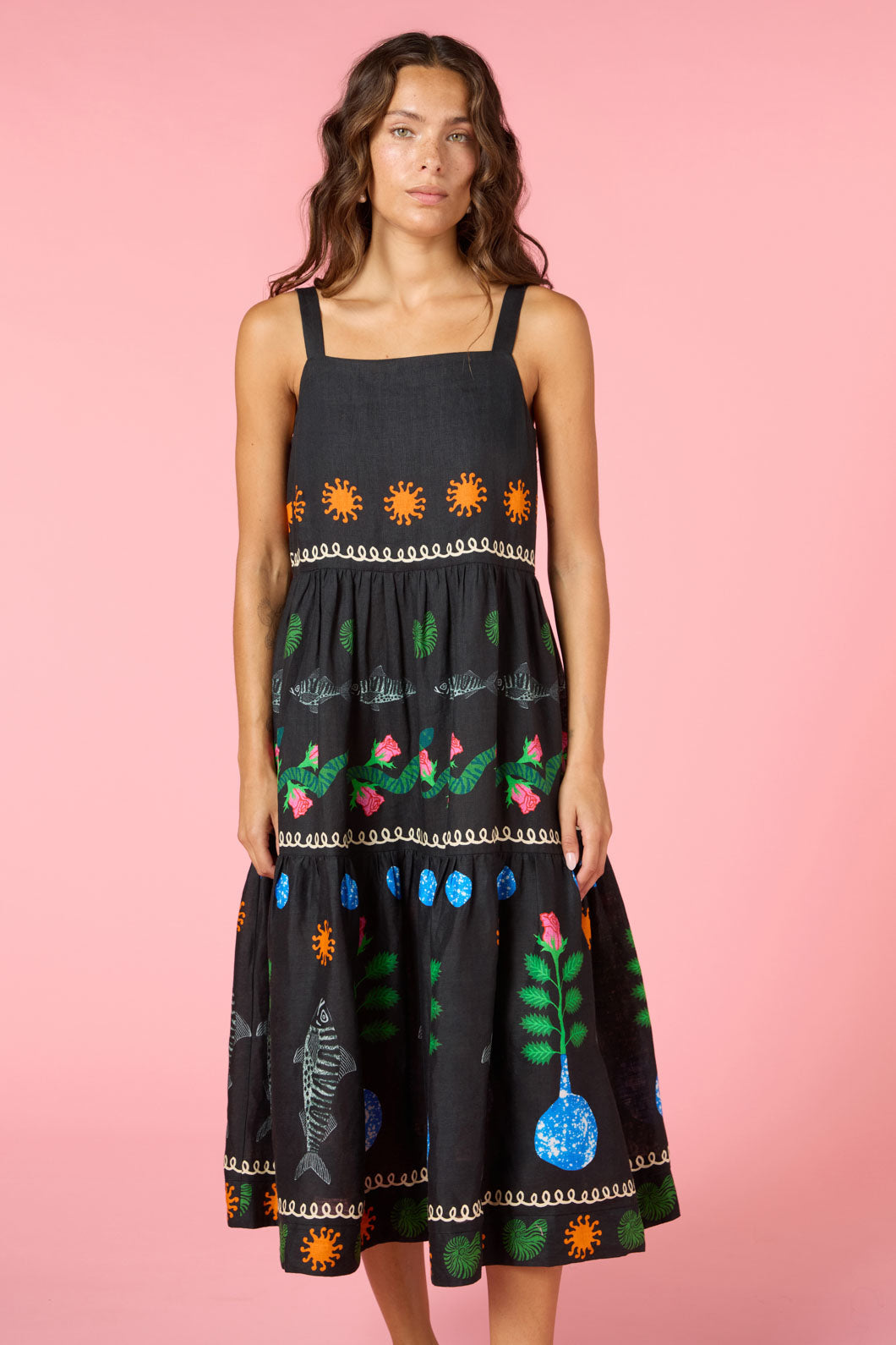 Gone Fishing Print Long Dress