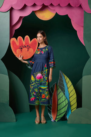 Gorman - Pretty Protea EmbroideredDress - navy