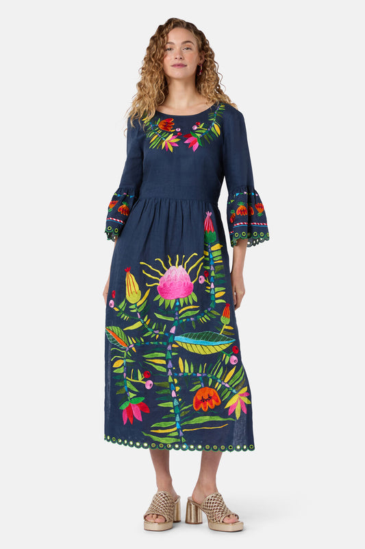 Gorman - Pretty Protea Embroidered Dress - navy