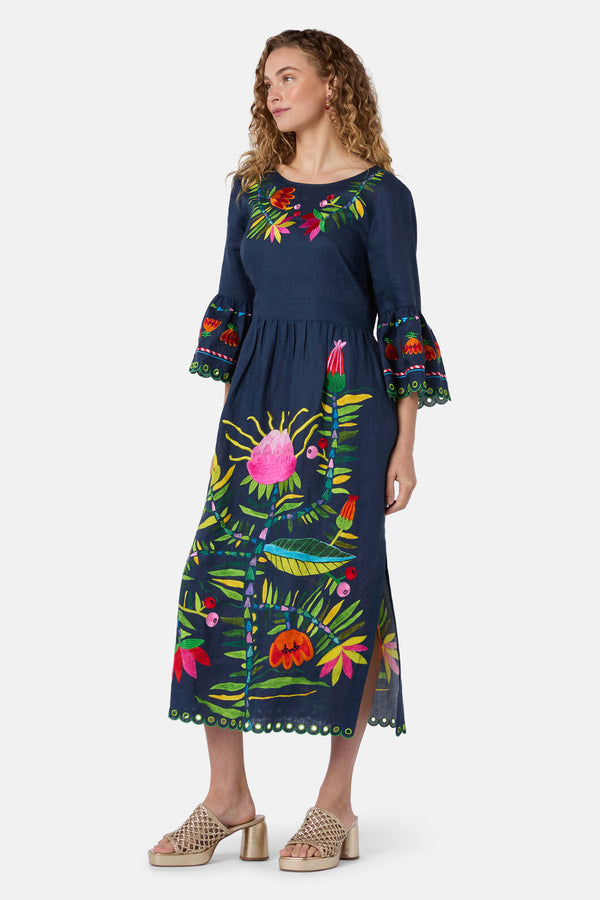 Gorman - Pretty Protea Embroidered Dress - navy