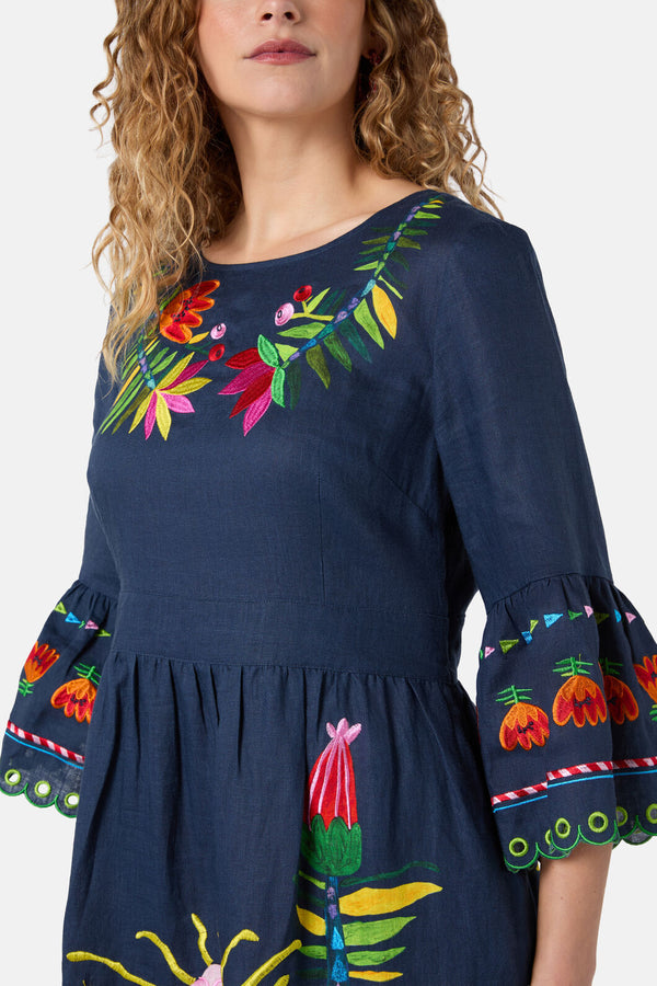 Gorman - Pretty Protea Embroidered Dress - navy