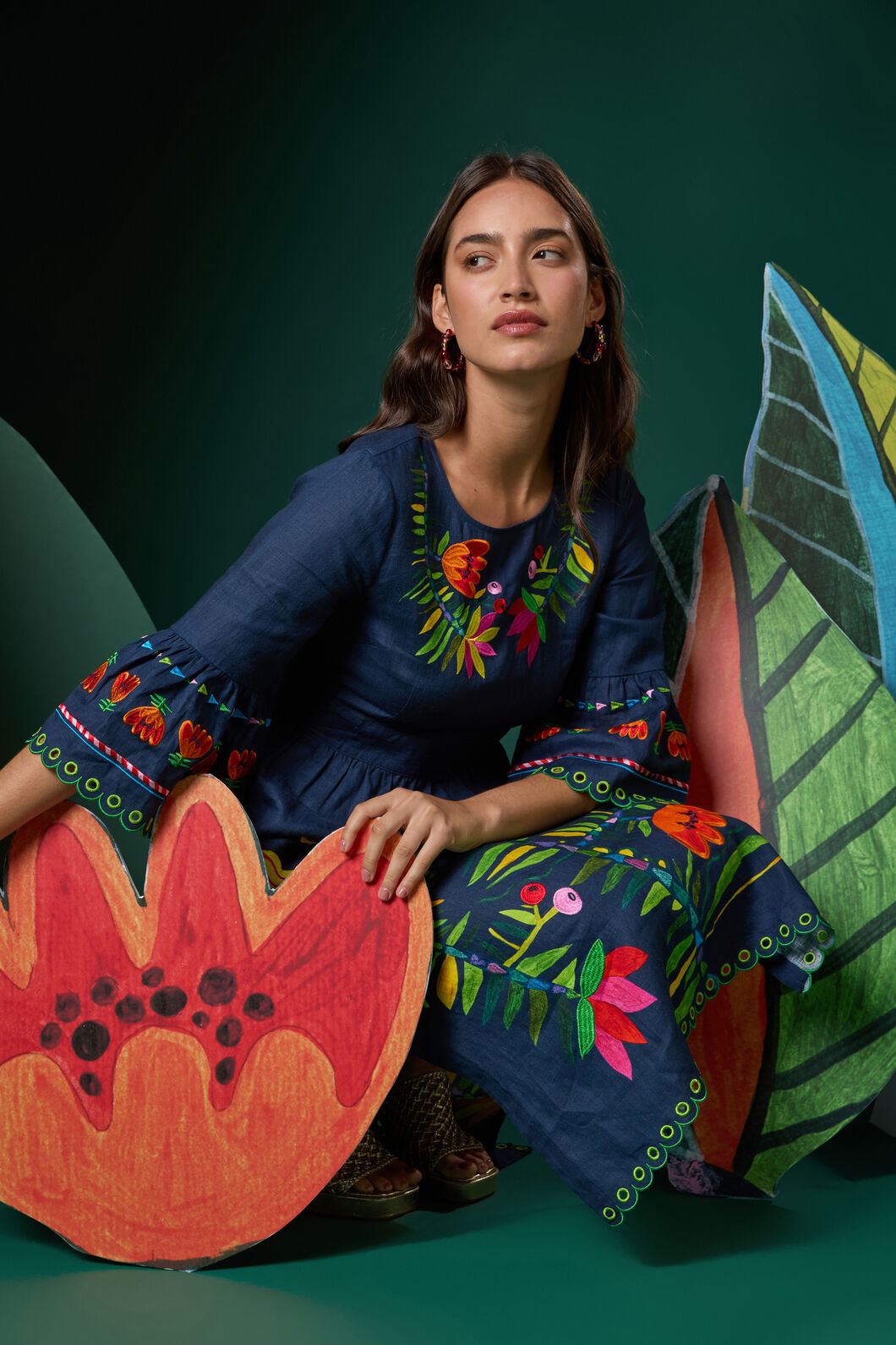 Gorman - Pretty Protea Embroidered Dress - navy