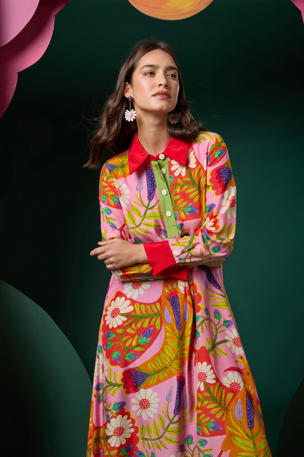 knee length dresses for ladies Watercolour paint pattern colourful long dress -Pink-  Wondrous Theatre
