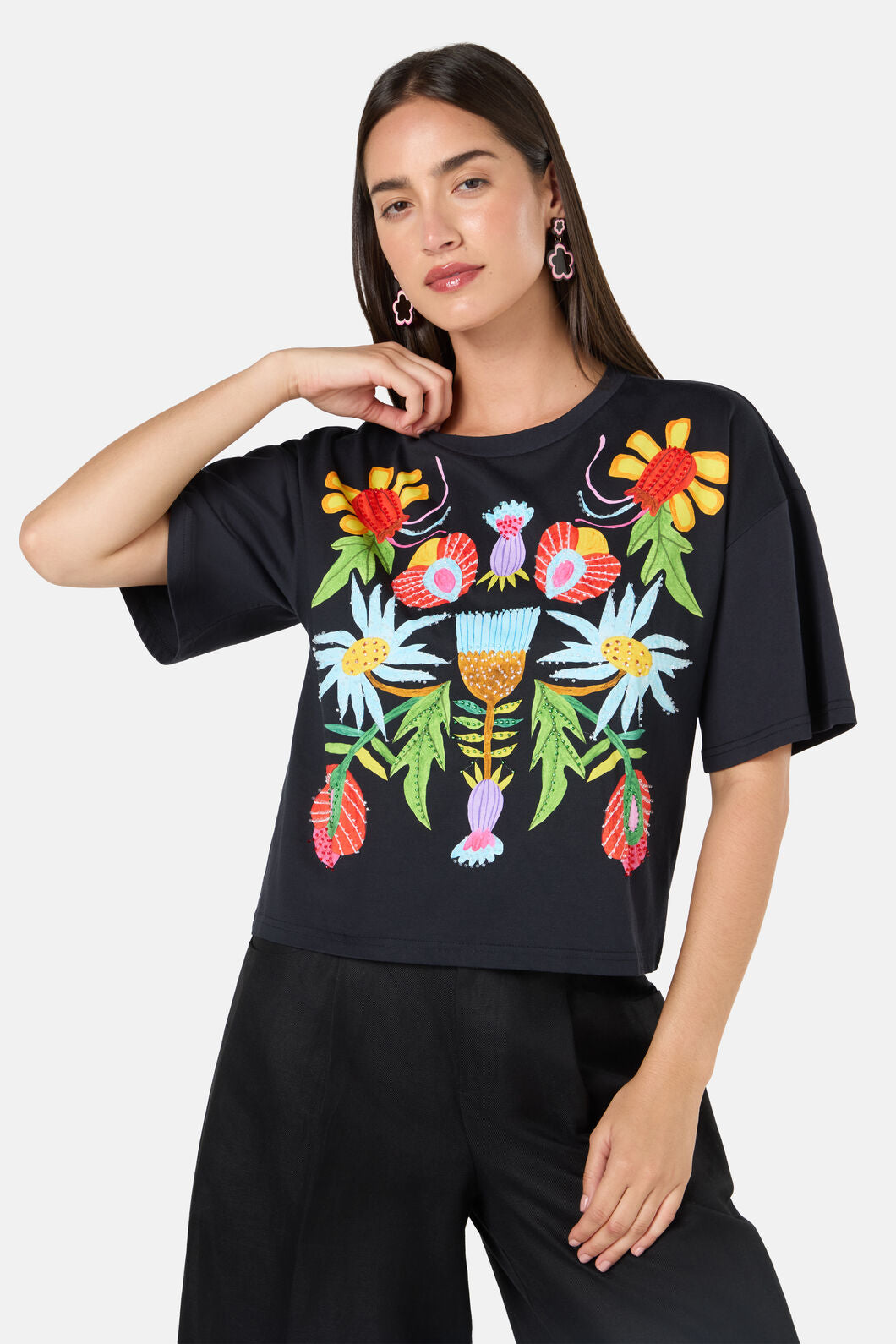 Gorman - Whimsical Blooms Print Relaxed Tee - black