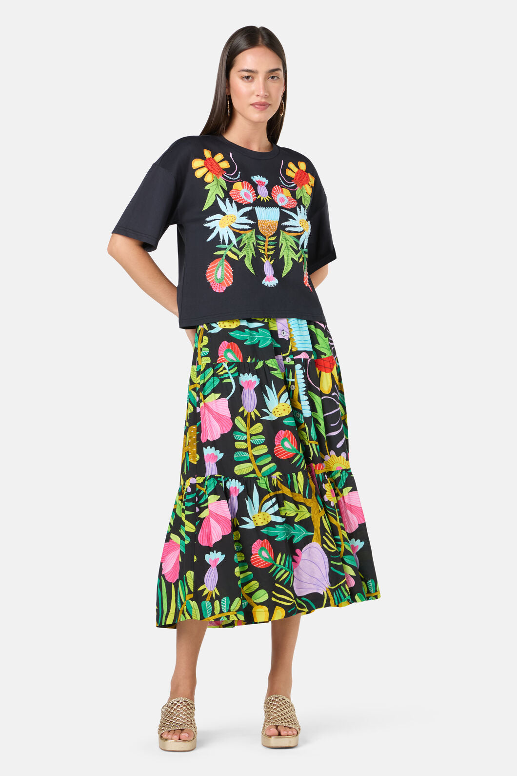 Gorman - Whimsical Blooms Print Relaxed Tee - black