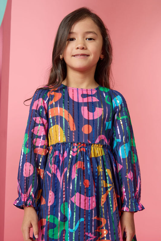 Gorman - Playful Shapes Frill Kids Dress - blue