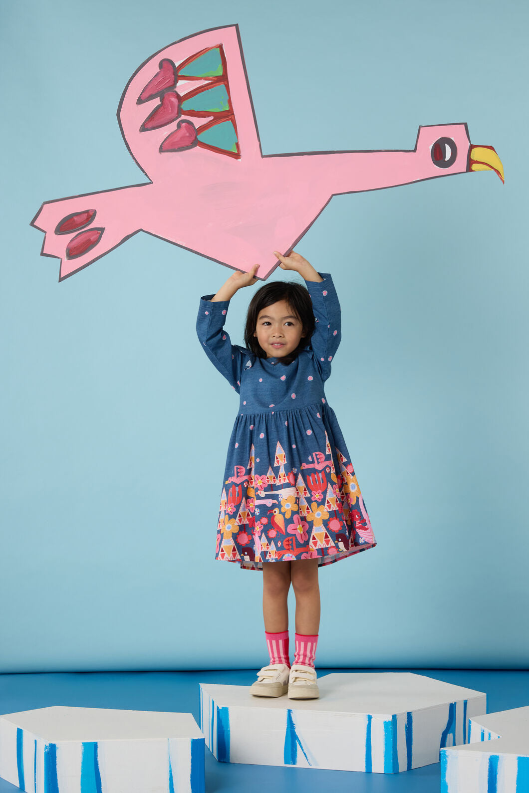 Gorman - Funky Birds Border Kids Dress - navy